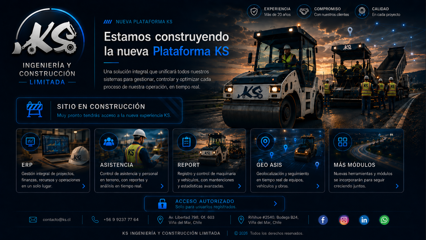 Nueva Plataforma KS de KS Ingeniería y Construcción Limitada, con accesos a ERP, Asistencia, Report y Geo Asis.